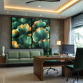 Quadro Decorativo Folhas de Ginkgo em Verde e Dourado - quadros decorativos para sala 2 Telas, arte floral - em ambiente decorado