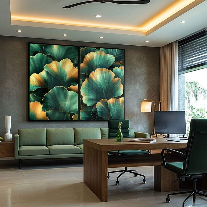 Quadro Decorativo Folhas de Ginkgo em Verde e Dourado - quadros decorativos para sala 2 Telas, arte floral - em ambiente decorado