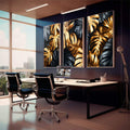 Quadro Decorativo Sofisticação em Folhas Douradas e Pretas - quadros decorativos 1 Tela Vertical, 3 Telas - em sala moderna