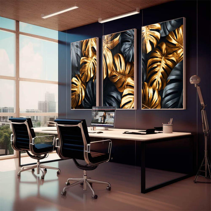 Quadro Decorativo Sofisticação em Folhas Douradas e Pretas - quadros decorativos 1 Tela Vertical, 3 Telas - em sala moderna
