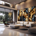 Quadro Decorativo Sofisticação em Folhas Douradas e Pretas - quadros decorativos para sala 1 Tela Vertical, 3 Telas - em quarto contemporaneo