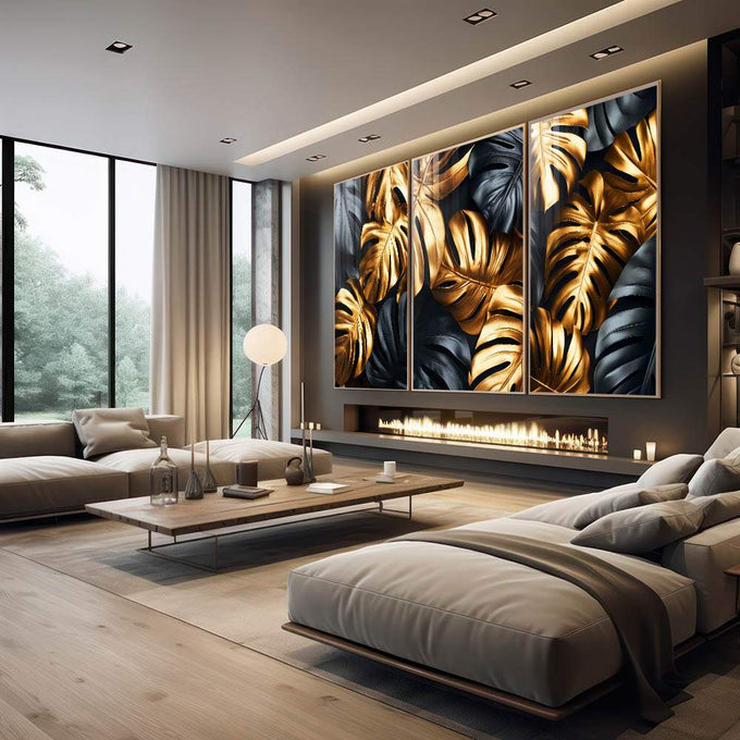 Quadro Decorativo Sofisticação em Folhas Douradas e Pretas - quadros decorativos 1 Tela Vertical, 3 Telas - em escritorio elegante