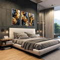 Quadro Decorativo Sofisticação em Folhas Douradas e Pretas - quadros decorativos para sala 1 Tela Vertical, 3 Telas - em living room premium