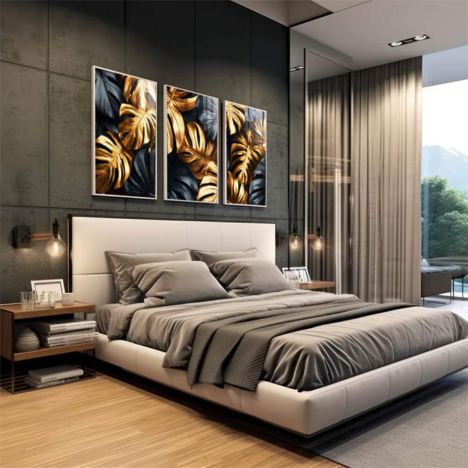 Quadro Decorativo Sofisticação em Folhas Douradas e Pretas - quadros decorativos para sala 1 Tela Vertical, 3 Telas - em living room premium