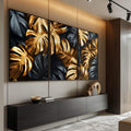 Quadro Decorativo Sofisticação em Folhas Douradas e Pretas - quadros decorativos para sala 1 Tela Vertical, 3 Telas - em ambiente decorado