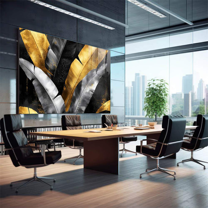 Quadro Decorativo Elegância em Folhas Douradas - quadros decorativos 1 Tela, 1 Tela Horizontal - em sala moderna