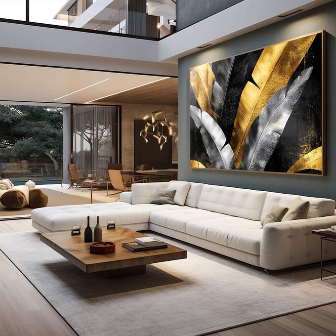 Quadro Decorativo Elegância em Folhas Douradas - quadros decorativos 1 Tela, 1 Tela Horizontal - em escritorio elegante