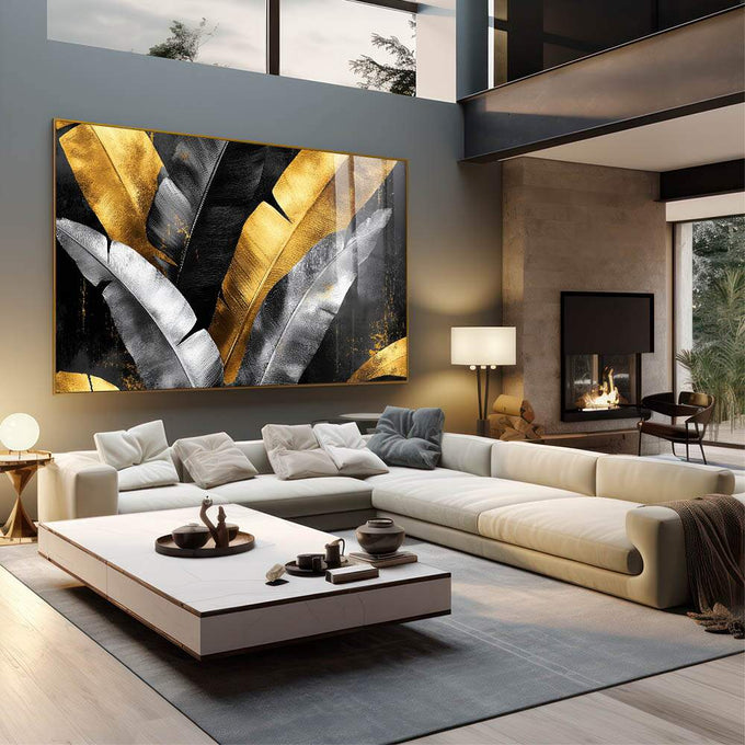 Quadro Decorativo Elegância em Folhas Douradas - quadros decorativos para sala 1 Tela, 1 Tela Horizontal - em living room premium