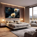 Flores brancas e douradas com veios de ouro sobre fundo de mármore azul escuro, quadro decorativo