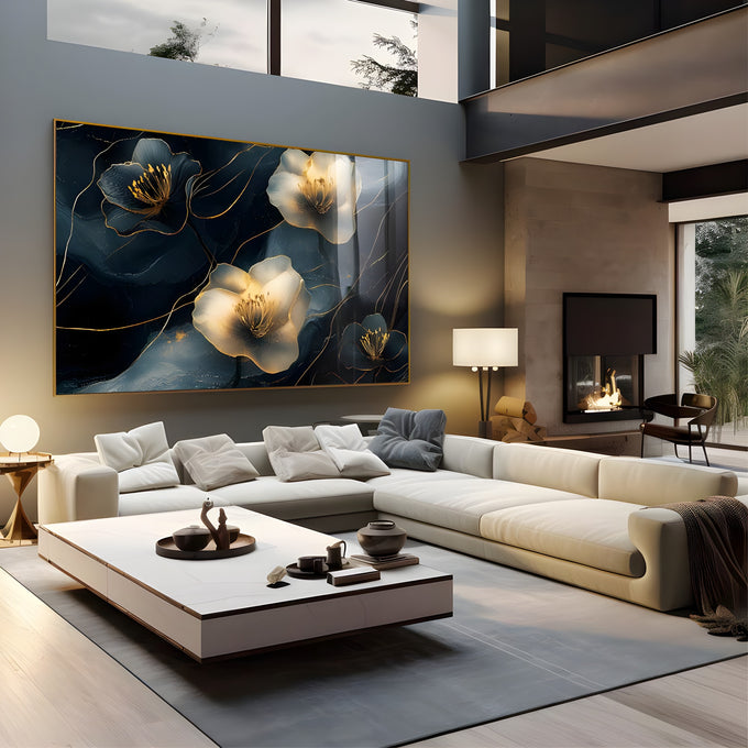 Flores brancas e douradas com veios de ouro sobre fundo de mármore azul escuro, quadro decorativo