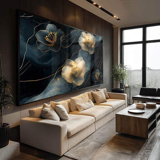 Quadro Decorativo Flores Surrealistas em Movimento Abstrato - quadros decorativos para sala 1 Tela, 1 Tela Horizontal - em ambiente decorado