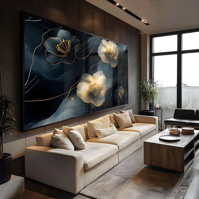 Flores brancas e douradas com veios de ouro sobre fundo de mármore azul escuro, quadro decorativo