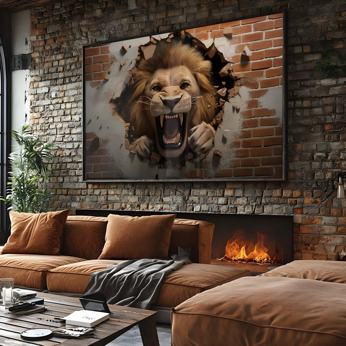 Leão rugindo com garras saindo de parede de tijolos quebrada em efeito 3D, quadro decorativo
