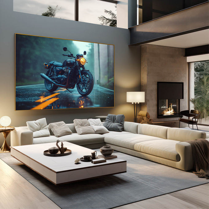 Quadro Decorativo Cinemático: Motocicleta Clássica Sob a Chuva em Estrada - quadros decorativos 1 Tela, 1 Tela Horizontal - em sala moderna