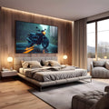 Moto clássica escura com farol aceso em estrada molhada sob chuva e névoa azul, quadro decorativo