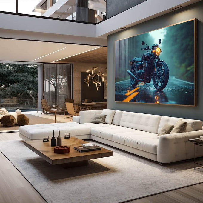Quadro Decorativo Cinemático: Motocicleta Clássica Sob a Chuva em Estrada - quadros decorativos para sala 1 Tela, 1 Tela Horizontal - em living room premium
