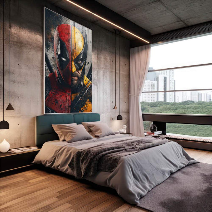 Quadro Decorativo Dualidade Heroica Energia e Fúria em Contraste - quadros decorativos 1 Tela Vertical, 3 Telas - em sala moderna