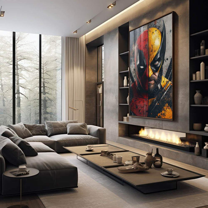 Quadro Decorativo Dualidade Heroica Energia e Fúria em Contraste - quadros decorativos 1 Tela Vertical, 3 Telas - em escritorio elegante