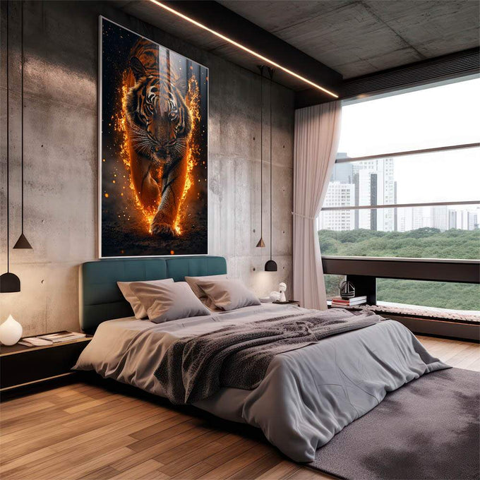 Quadro Decorativo Tigre Flamejante: Força e Fúria em Chamas - quadros decorativos 1 Tela Vertical, 3 Telas - em sala moderna