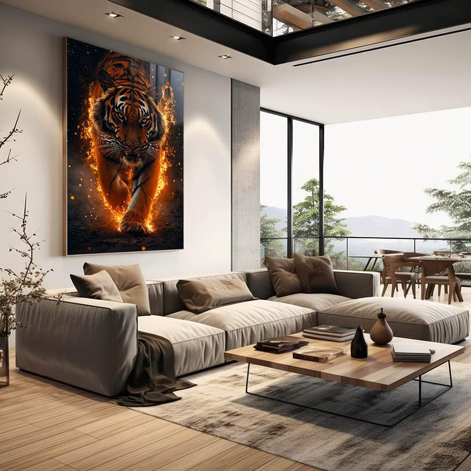 Quadro Decorativo Tigre Flamejante: Força e Fúria em Chamas - quadros decorativos para sala 1 Tela Vertical, 3 Telas - em quarto contemporaneo