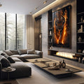 Quadro Decorativo Tigre Flamejante: Força e Fúria em Chamas - quadros decorativos 1 Tela Vertical, 3 Telas - em escritorio elegante