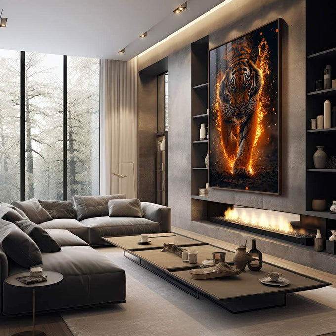 Quadro Decorativo Tigre Flamejante: Força e Fúria em Chamas - quadros decorativos 1 Tela Vertical, 3 Telas - em escritorio elegante