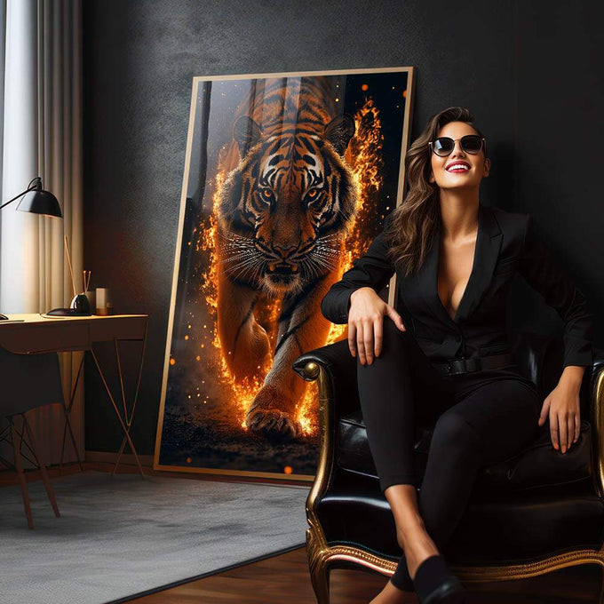 Quadro Decorativo Tigre Flamejante: Força e Fúria em Chamas - quadros decorativos para sala 1 Tela Vertical, 3 Telas - em living room premium