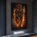 Quadro Decorativo Tigre Flamejante: Força e Fúria em Chamas - quadros decorativos para sala 1 Tela Vertical, 3 Telas - em ambiente decorado