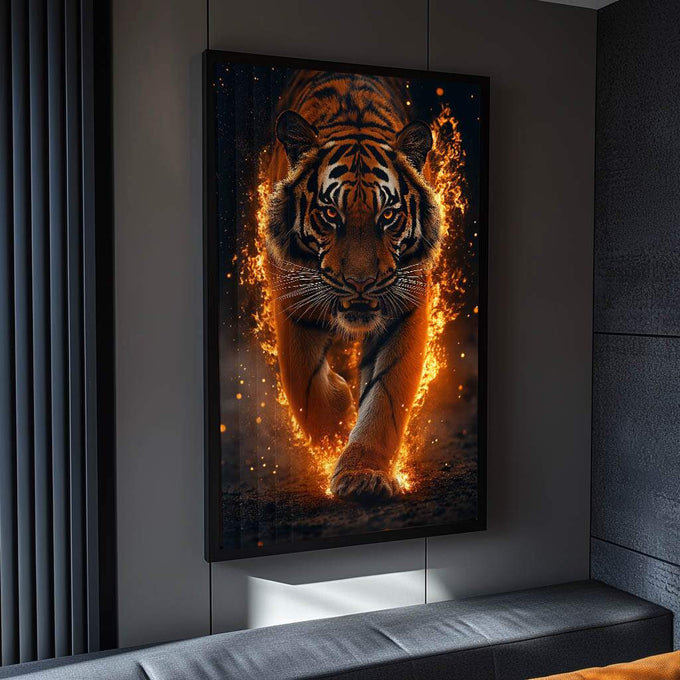 Quadro Decorativo Tigre Flamejante: Força e Fúria em Chamas - quadros decorativos para sala 1 Tela Vertical, 3 Telas - em ambiente decorado
