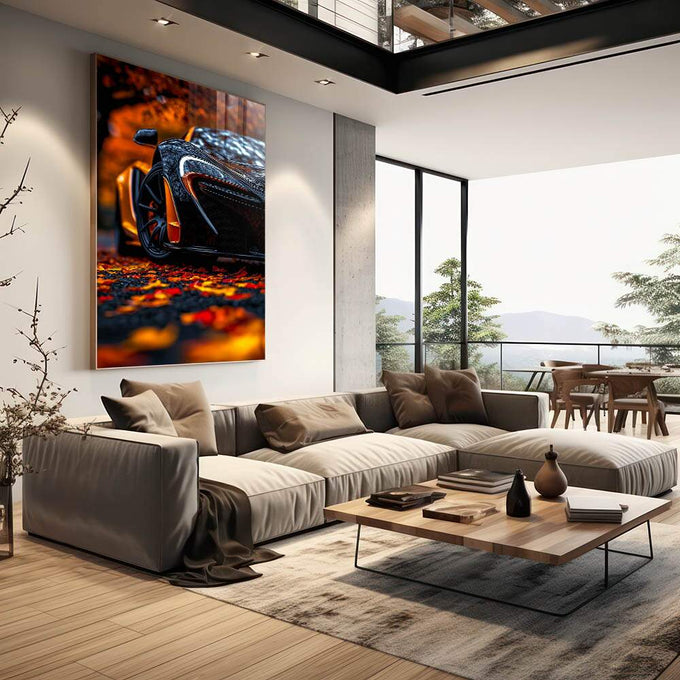 Quadro Decorativo Supercarro em Bosque Outonal - quadros decorativos para sala 1 Tela Vertical, 3 Telas - em quarto contemporaneo