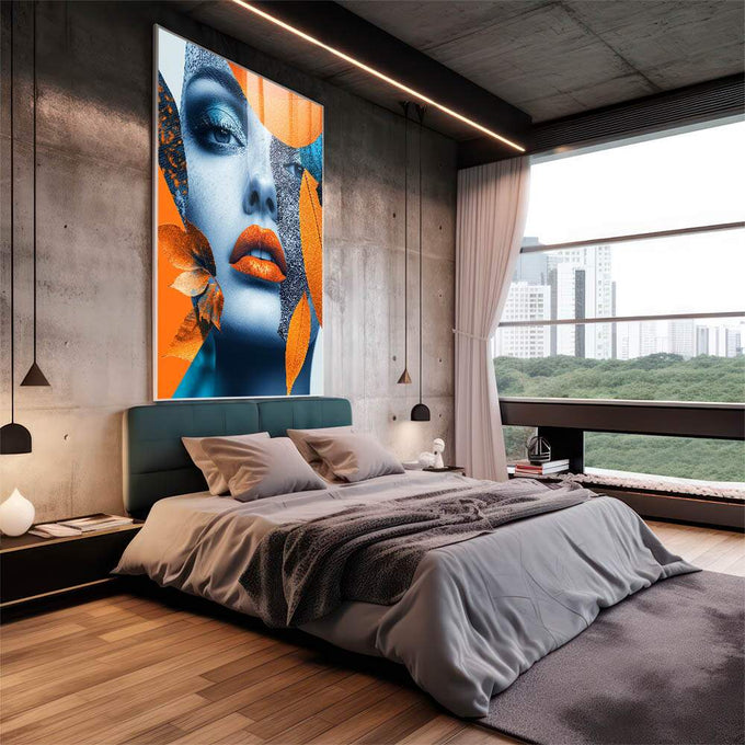 Quadro Decorativo Mulher Abstrata em Harmonia com Folhagens - quadros decorativos 1 Tela Vertical, 3 Telas - em sala moderna