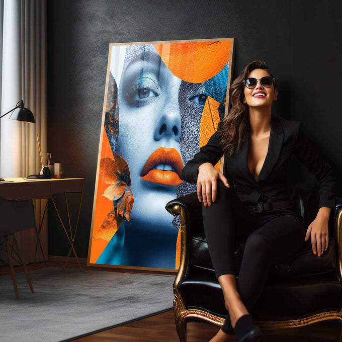 Quadro Decorativo Mulher Abstrata em Harmonia com Folhagens - quadros decorativos para sala 1 Tela Vertical, 3 Telas - em living room premium