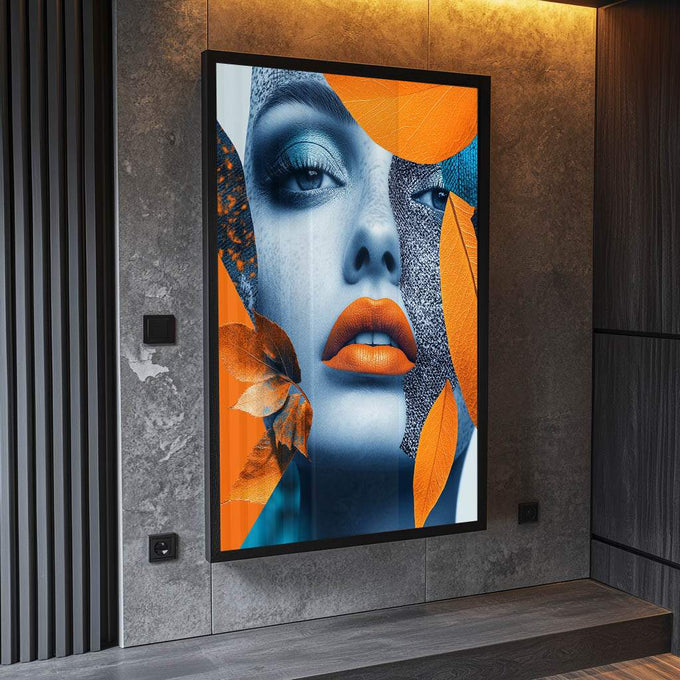 Quadro Decorativo Mulher Abstrata em Harmonia com Folhagens - quadros decorativos para sala 1 Tela Vertical, 3 Telas - em ambiente decorado