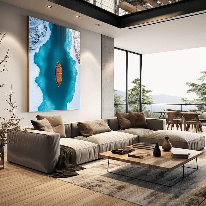 Quadro Decorativo Solidão Confortante Canoa Sob o Lago Gelado - quadros decorativos para sala 1 Tela Vertical, 3 Telas - em quarto contemporaneo