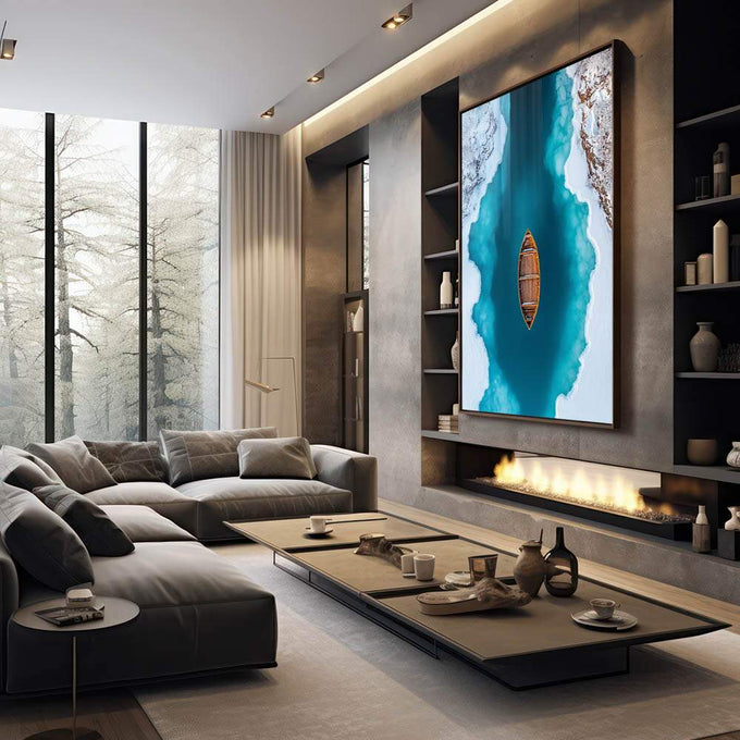 Quadro Decorativo Solidão Confortante Canoa Sob o Lago Gelado - quadros decorativos 1 Tela Vertical, 3 Telas - em escritorio elegante