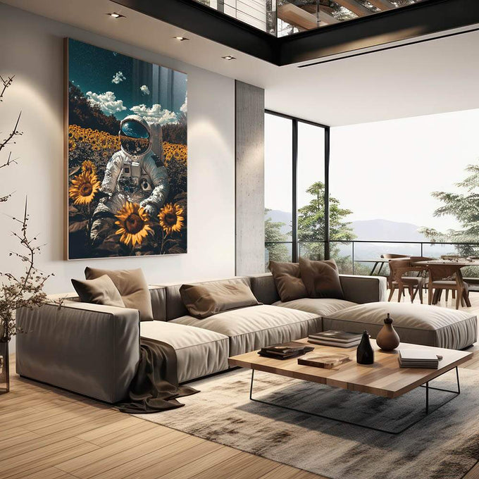 Quadro Decorativo do Astronauta e a Beleza do Bosque - quadros decorativos para sala 1 Tela Vertical, 3 Telas - em quarto contemporaneo