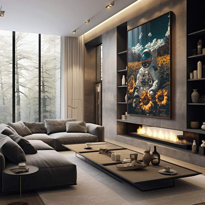 Quadro Decorativo do Astronauta e a Beleza do Bosque - quadros decorativos 1 Tela Vertical, 3 Telas - em escritorio elegante