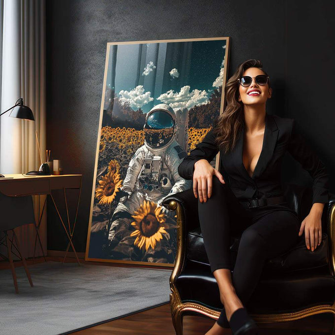 Quadro Decorativo do Astronauta e a Beleza do Bosque - quadros decorativos para sala 1 Tela Vertical, 3 Telas - em living room premium