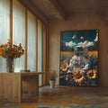 Quadro Decorativo do Astronauta e a Beleza do Bosque - quadros decorativos para sala 1 Tela Vertical, 3 Telas - em ambiente decorado