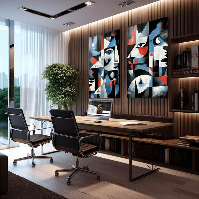 Quadro Decorativo Abstrato com Faces - quadros decorativos 2 Telas, Abstratos e Geométricos - em sala moderna