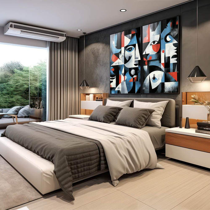 Quadro Decorativo Abstrato com Faces - quadros decorativos para sala 2 Telas, Abstratos e Geométricos - em quarto contemporaneo