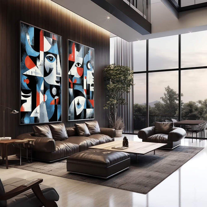 Quadro Decorativo Abstrato com Faces - quadros decorativos para sala 2 Telas, Abstratos e Geométricos - em living room premium