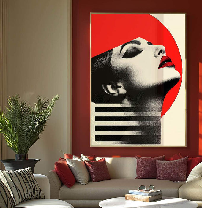 Quadro Decorativo Mulher Reflexiva  Arte Abstrata - quadros decorativos para sala 1 Tela Vertical, 3 Telas - em ambiente decorado