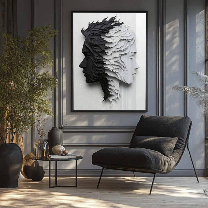 Quadro Decorativo Duas Faces Preto e Branco - quadros decorativos para sala 1 Tela Vertical, 3 Telas - em ambiente decorado
