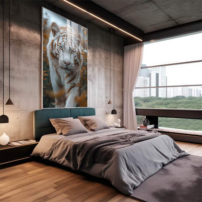 Quadro Decorativo A Beleza do Tigre - quadros decorativos 1 Tela Vertical, 3 Telas - em sala moderna