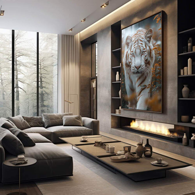 Quadro Decorativo A Beleza do Tigre - quadros decorativos 1 Tela Vertical, 3 Telas - em escritorio elegante