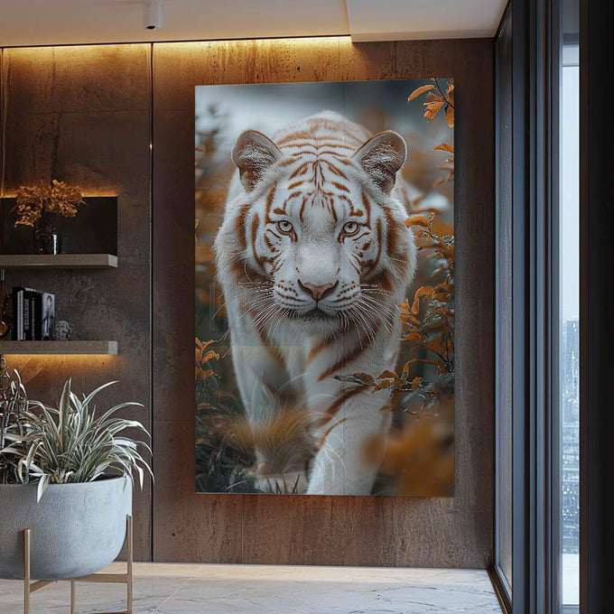 Quadro Decorativo A Beleza do Tigre - quadros decorativos para sala 1 Tela Vertical, 3 Telas - em ambiente decorado