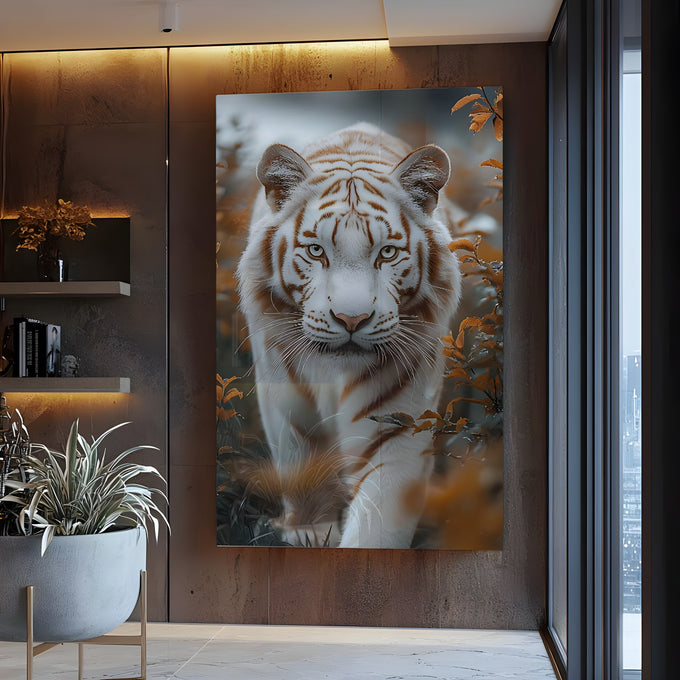 Tigre branco de listras ferrugem caminhando entre folhas de outono, olhar frontal intenso, quadro decorativo