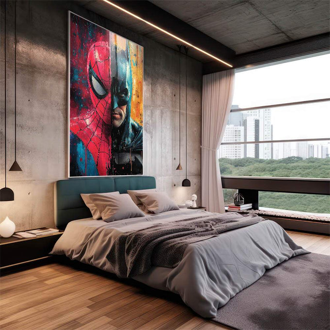Quadro Decorativo Confronto Épico entre Morcego e Aranha - quadros decorativos 1 Tela Vertical, 3 Telas - em sala moderna