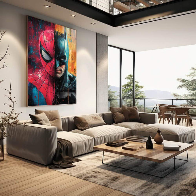 Quadro Decorativo Confronto Épico entre Morcego e Aranha - quadros decorativos para sala 1 Tela Vertical, 3 Telas - em quarto contemporaneo
